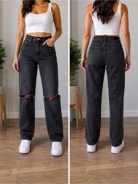 ZARA High Rise Black Distressed Straight Leg Jeans